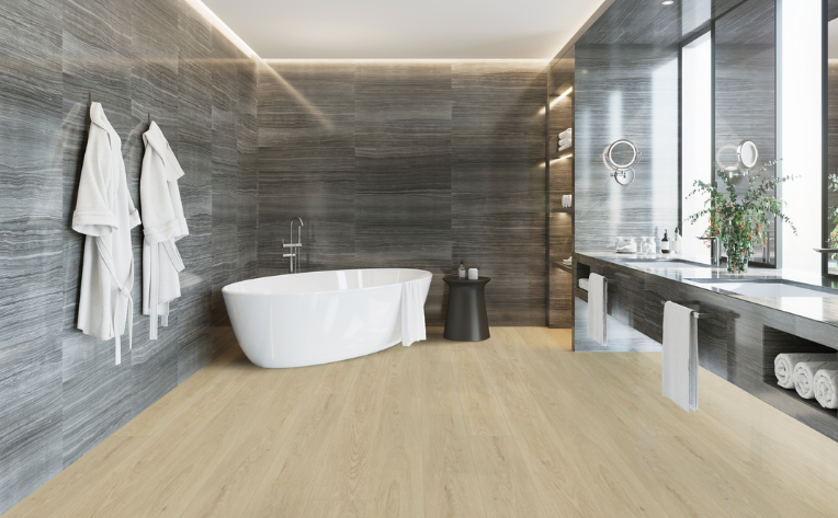 wood flooring in spa inspired bathroom with stone tile walls